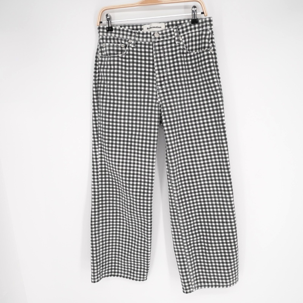 Reformation Checkered Jeans Fawcett Womens 29 Black White Wide Leg Retro Mod USA